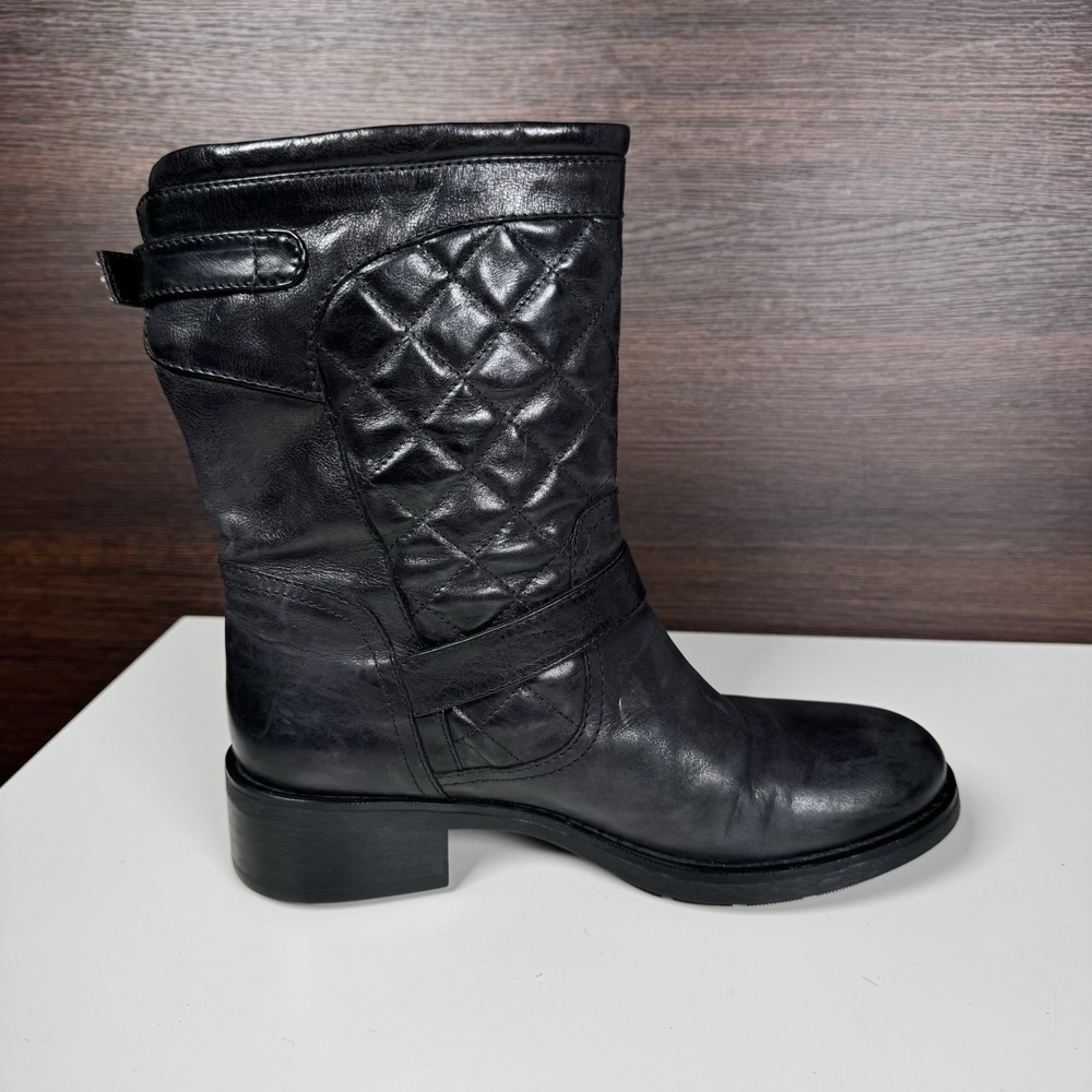 Aquatalia Boots Womens Size 7 Black Leather Quilted Biker Mid Calf Buckle -Italy - Picture 5 of 11